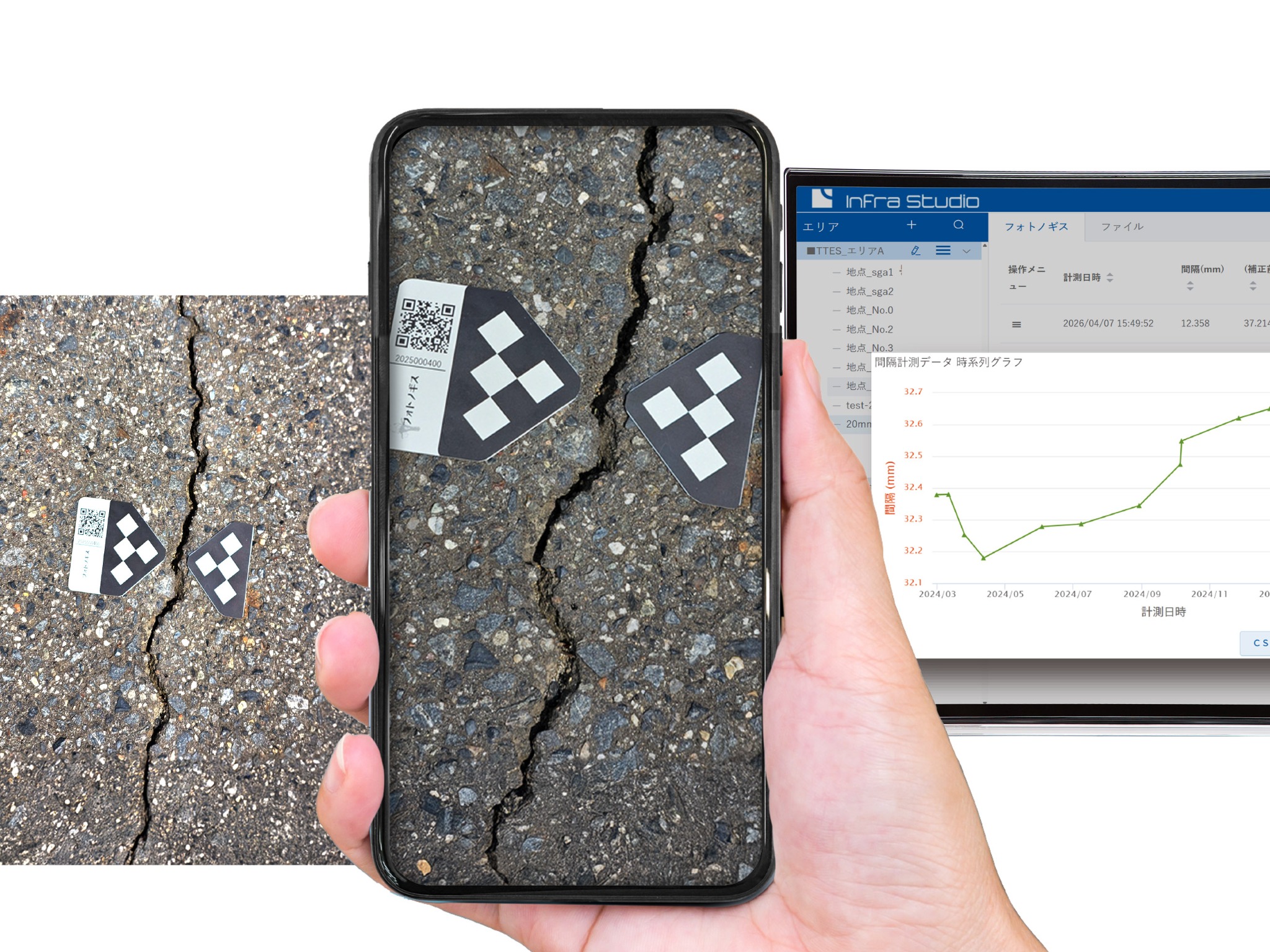 構造物をスマートフォンで撮影し、計測結果をグラフで確認するフォトノギスの操作イメージ